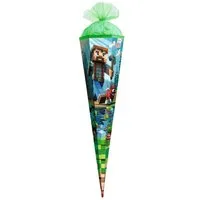 Roth Schultüte Motivschultüte Block Game, 100 cm große Zuckertüte zur Einschulung, Pixelwelt, XXL-Format, grüner Tüll, stabile ROT(H)-Spitze, Schulstart