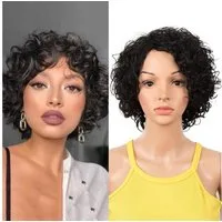 LuxusKollektion Echthaarperücke Bob Perücke Kurz Air Bangs Echthaar Lockig Gewellt 25 cm Naturschwarz