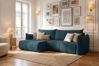 Ecksofa Schlafsofa ONTARIO in Stoff Poso Dunkelblau Ottomane Links