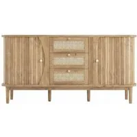 kowdom Sideboard Sideboard Rattan 140 cm Schiebetüren verstellbare Böden, Rattan-Design, Walnussholz-Optik, Massivholzbeine, abgerundete Kanten