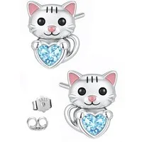 Limana Paar Ohrstecker Kinder Mädchen Katzen Ohrringe 925 Silber – Kinderschmuck (inkl. Dose Silberschmuck Echtschmuck Schmuck Geschenk für Geburtstag), Ostern Einschulung Schulanfang Nikolaus Kommunion Weihnachten