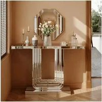 Celya Beistelltisch Eleganter Konsolentisch mit Silber-Optik & Stabiler U-Form-Basis (für Raumaufhellung, Kratzfest & Leicht zu Reinigen, Luxus Wohnzimmer Tisch), 120CM Moderner Spiegeltisch