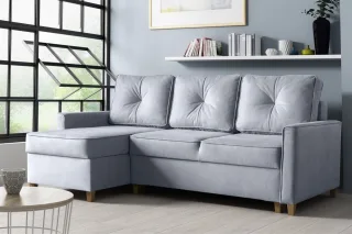 Couchgarnitur BOSCO L-Form in Polyesterstoff Hellgrau /Ottomane Links
