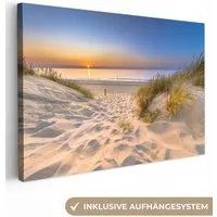 OneMillionCanvasses® Leinwandbild Düne - Sonnenuntergang - Horizont - Strand - Gras, Fotodruck (1 St), Leinwand Bilder Klein, Wand Dekoration Aesthetic 30x20 cm
