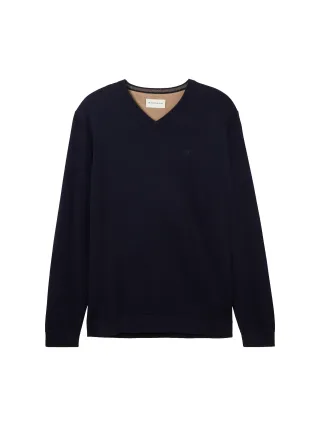 Tom Tailor - Strickpullover mit V-Ausschnitt knitted navy melange - Gr. - L