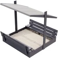 QLS Sandkasten aus Holz 120 cm mit Sitzbank und Dach, ind Anthrazit Farbe imprägniert 122 x 118 cm