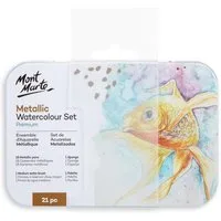 Mont Marte Aquarellfarbe Set 18 Metallic Farben – Extrem schimmernd auf hellem & dunklem Papier, Faszinierender Metallic-Glanz für Kunstwerke mit Tiefe und Ausdruck
