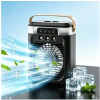 MOPUEA Ventilatorkombigerät 2-in-1 Luftkühler mit Sprühnebel 600ml 3Stufen LED-Licht Timer, Sprühnebel, 7 Farben, 3 Windstufen, Timer und integrierter Tragegriff.