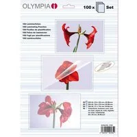 OLYMPIA OFFICE Prospekthülle Olympia Laminierfolien Set 9165, Starter Set, 100 Stück (20 x A4, 20 x A5 20 x A6, 40 x Visitenkarten), Hohe Qualität, Ideal für Fotos und alle anderen Arten von Dokumenten, Farblos und hochtransparent, Reißfest, Knicksch