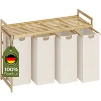 Bellamio Wäschekorb Newa aus Bambus (4 Fächer mit 1 Ablage, Beige 200 L), ausziehbare & abnehmbare Wäschesäcke aus Oxford-Gewebe