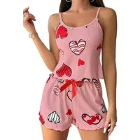 Lovolotti Pyjama Damen Jumpsuit – Sommerlicher Playsuit mit Herz-Print Spaghettiträgern und Schleife