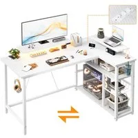 HOMALL Schreibtisch L-förmiger Computertisch mit Steckdosen, USB-Anschlüssen und Stauraum (120/140 × 50 × 75/80 cm großer Gaming-Tisch mit zwei Ablageflächen, einer abnehmbaren Trennwand zum Selberbauen und Kopfhörer-/Becherhaltern)