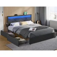 VASAGLE Polsterbett Bettgestell, Metallbett (160 x 200 cm, 4 Schubladen, verstellbares gepolstertes Kopfteil), LED, Ladestation, in 4 Größen verfügbar