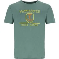 Wattlöper T-Shirt 11408 Herren Kurzarm-Shirt Front-Stickerei Anker-Wappen & "Meer leben" Sommershirt & Freizeitshirt Rundhalsausschnitt - Maritimes Design