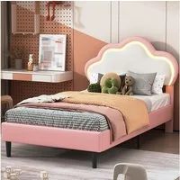 zebery Polsterbett 90x200cm Einzelbett Kinderbett mit LED Licht (Set, 1-tlg., Wolken-Kopfteil), Kunstleder,Weiß-Rosa,ohne Matratze