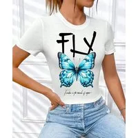RMK T-Shirt Damen Shirt kurzarm Rundhalsausschnitt Butterfly 100% Baumwolle