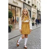 Parla Kids Shirt & Rock Senffarben gemusterter Rock und weißer Bluse mit passender Schleife