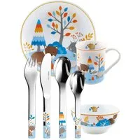 PURESIGNS Kindergeschirr-Set FRIENDS (7-tlg), 1 Personen, Edelstahl 18/10, Porzellan, Plastikfreier Essgenuss für die Kleinen