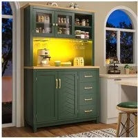 i@home Hochschrank Küchenschrank Landhausstil, 4 Türen, mit LED-Lichtleiste & Getränkehaltern