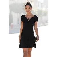LASCANA Sommerkleid mit Zierbändern am Ausschnitt, Kurzarmkleid Minikleid mit Stretch, Strandkleid, leichtes Jerseykleid, Basic