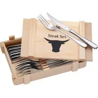 WMF Steakbesteck inklusive Holzkiste, Monobloc, Wellenschliff, auch als Pizzabesteck (12-tlg), 6 Personen, Cromargan® Edelstahl Rostfrei 18/10, spülmaschinengeeignet, formstabil, hygienisch und säurefest