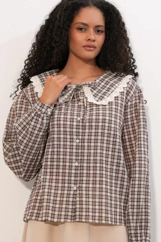 Damen Karo Viskose Popeline-Shirt