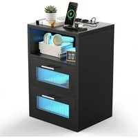 oyajia Nachtkommode Nachttisch mit einstellbarer LED-Beleuchtung, Steckdosen (1 St), Nachtschrank Beistelltisch mit 2 Schubladen und 1 offener Ablage