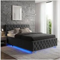 tectake Polsterbett Komfortbett mit LED-Leisten & Stauraum - Samtoptik mit Steppmuster (Bettset, in Samtoptik Schwarz), stabiler Stahlrahmen, Belastbarkeit 250 kg