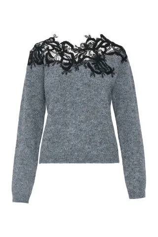 bsb - Pullover mit Spitze grau - Gr. - S