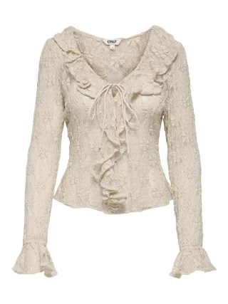 ONLY - ONLPEARLINA LS RUFFLE LACE TOP WVN Birch - Gr. - M